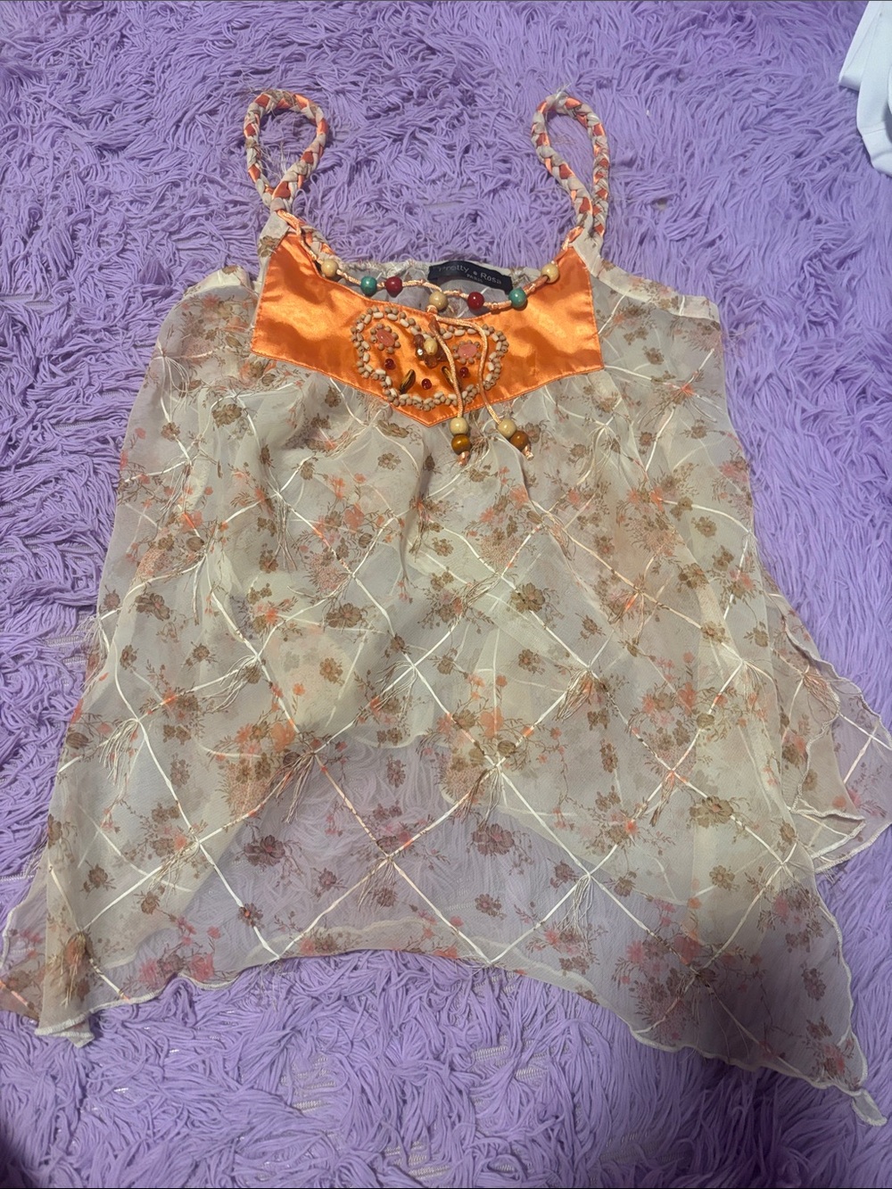 Women’s Orange and Cream Embellished Spaghetti Strap Top
